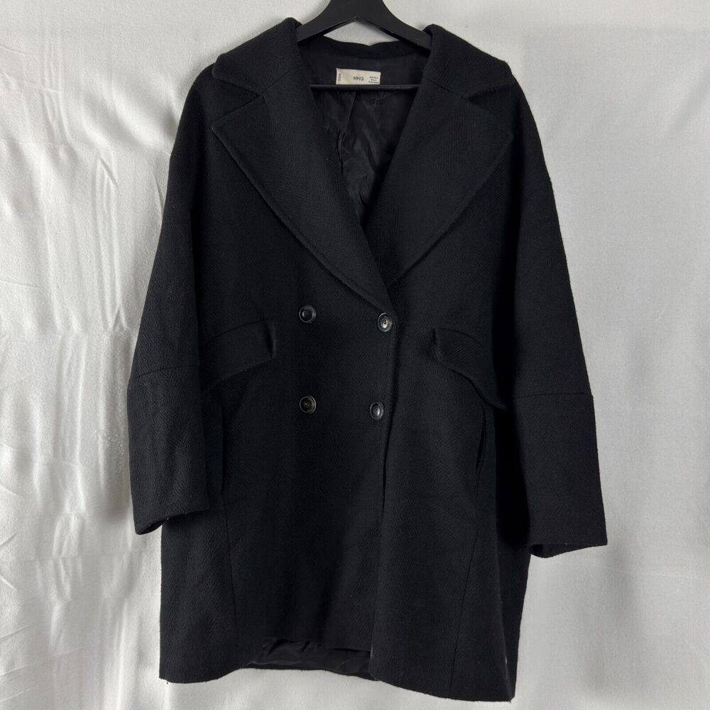 MNG Womens Size S Pea Coat‎ V Neck Black Long Sleeve Button Pockets Lined